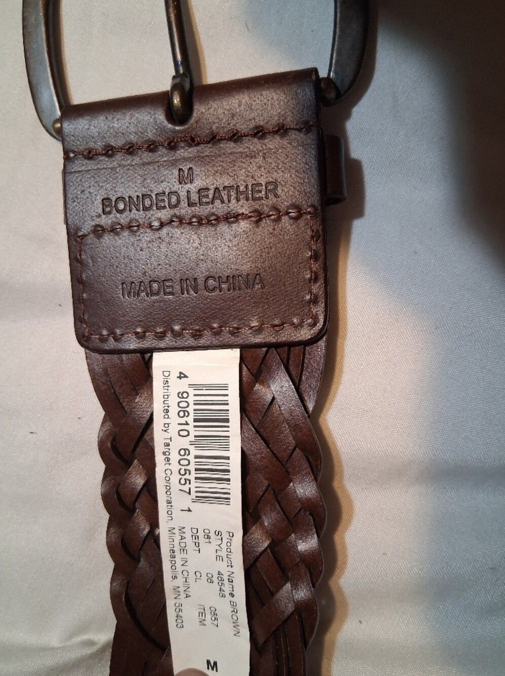 Woven Braided Bonded Leather Belt Dark Brown Antique Brass Buckle Adjustable - Picture 2 of 7